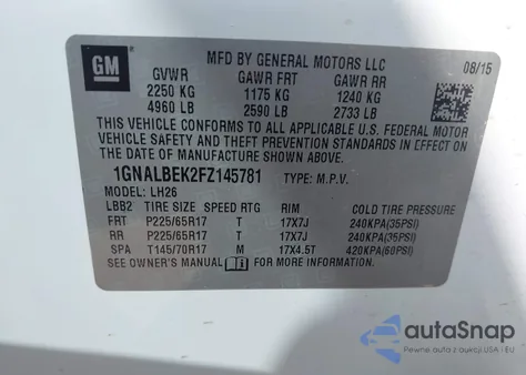 2015 Chevrolet Equinox 1Lt из США, поврежденный, VIN 1GNALBEK2FZ145781